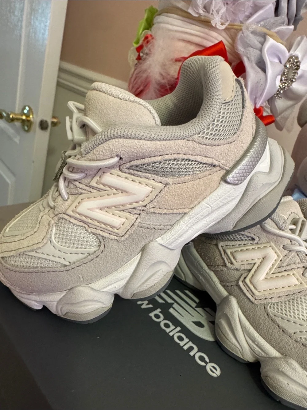 New Balance Kids' White and Light Gray Sneakers